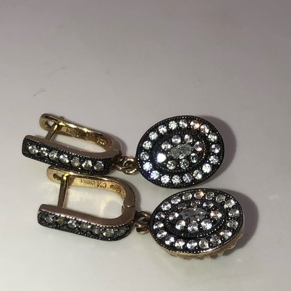 Vtg Sterling Silver CZ Gold Tone Antique Style Earrings Oval Drop w Halo 1.2” - Picture 2 of 8